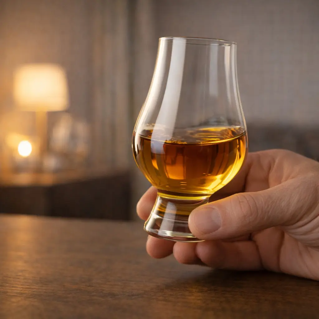 Verre Glencairn tenu en main montrant sa base courte et stable pour une dégustation confortable du whisky