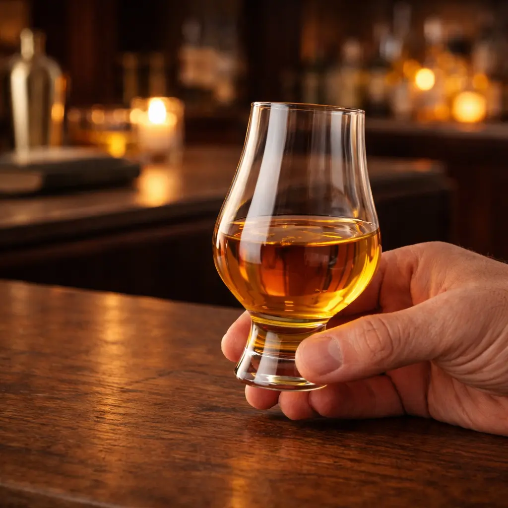 Verre Glencairn tenu en main contenant un whisky ambré, conçu pour préserver la température idéale du spiritueux