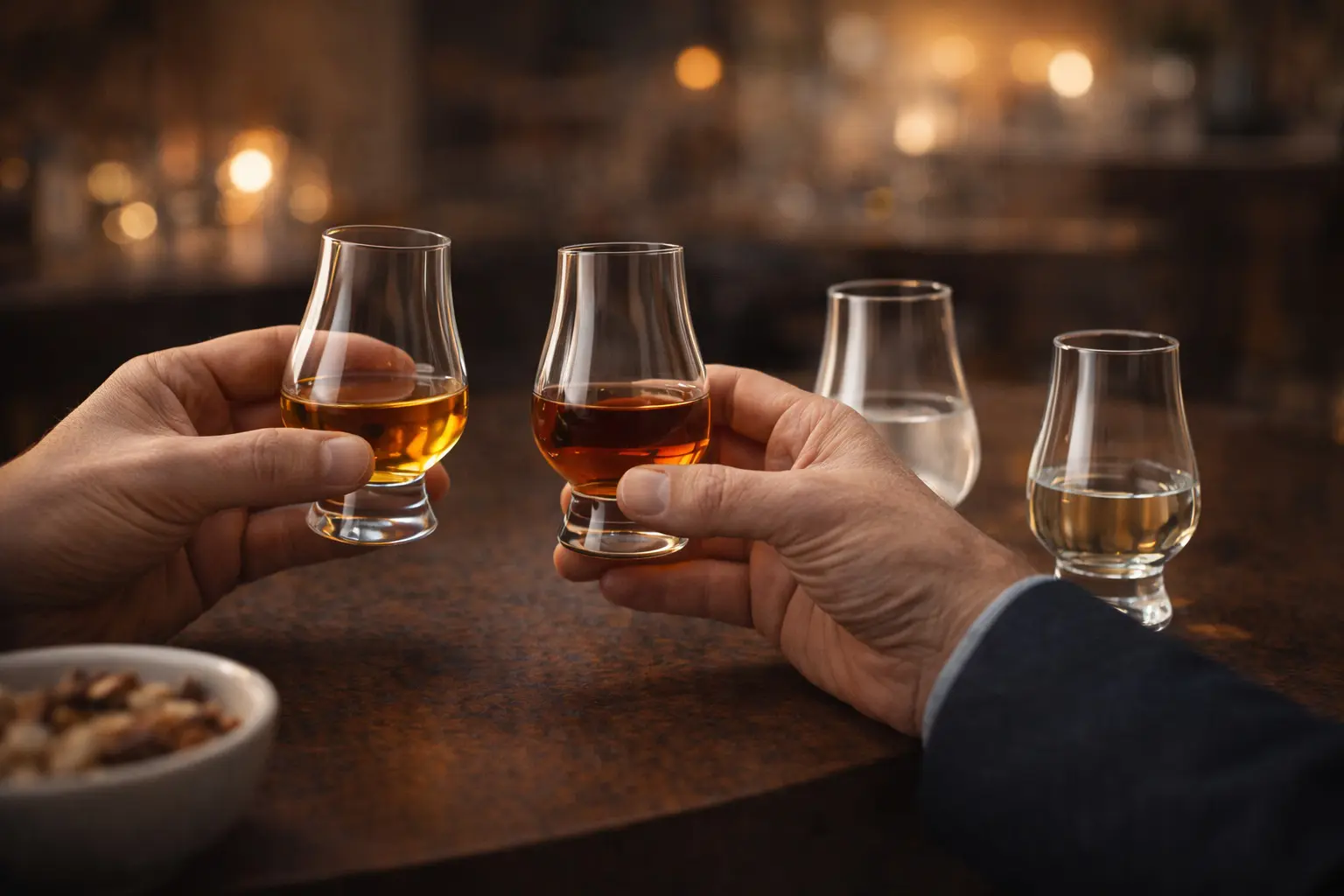 Dégustation de différents spiritueux dans des verres Glencairn, whisky, rhum et autres alcools servis sur un comptoir