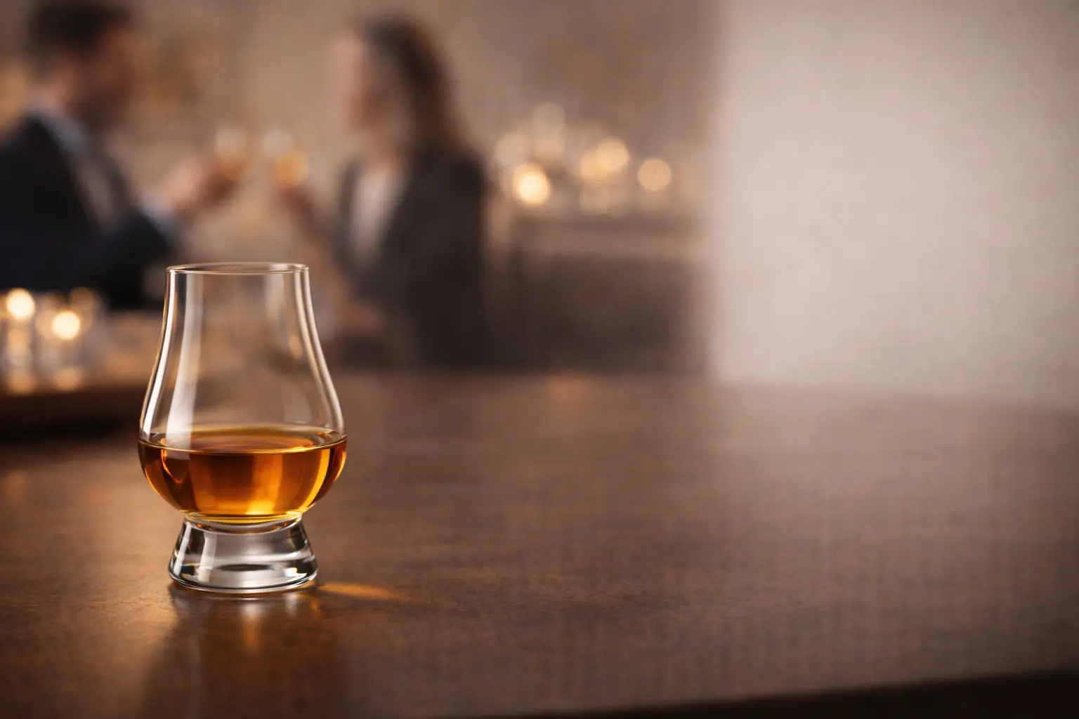 Verre Glencairn rempli de whisky posé sur un comptoir, symbole de la dégustation conviviale à l’apéritif