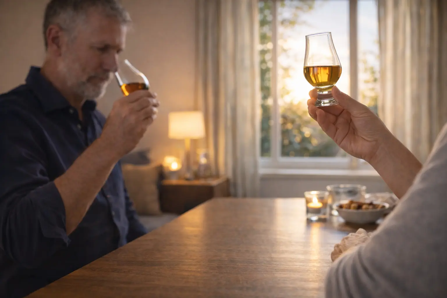 Deux amateurs dégustant du whisky dans des verres Glencairn, illustrant l’expérience sensorielle recherchée par les connaisseurs