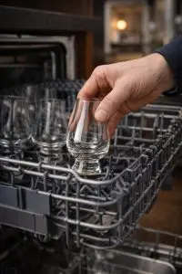 Verre Glencairn placé dans le panier supérieur d’un lave-vaisselle pour un entretien facile et sécurisé