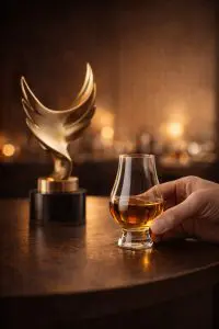 Verre Glencairn contenant du whisky posé sur une table, à côté d’un trophée symbolisant une récompense pour l’innovation