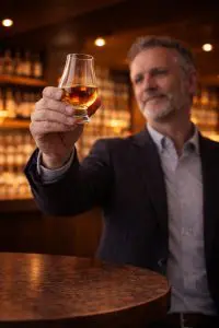 Homme levant un verre Glencairn rempli de whisky ambré dans un bar, symbole de l’innovation récompensée du verre de dégustation