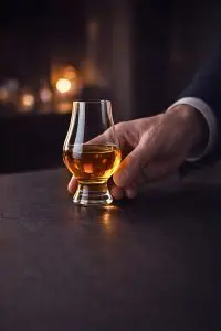 Verre Glencairn posé sur un comptoir, symbole de la reconnaissance officielle du verre par les experts du whisky