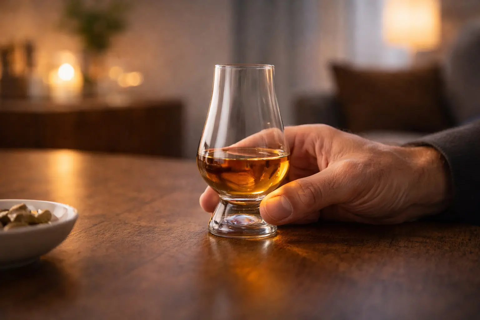 Main tenant un verre Glencairn contenant du whisky ambré, illustrant la dégustation privilégiée par les connaisseurs