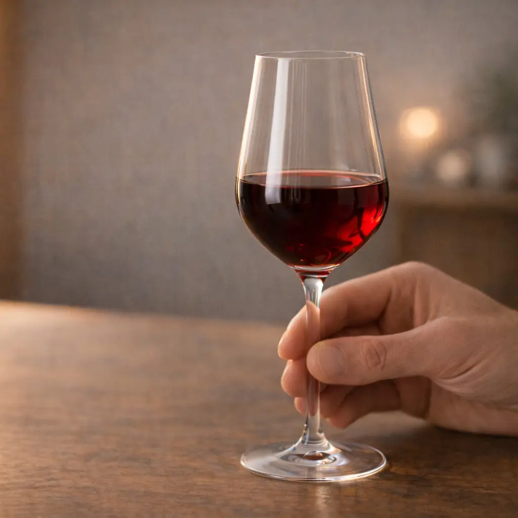 Verre à vin fin et incolore contenant un vin rouge, tenu par le pied pour observer la robe et favoriser l’oxygénation