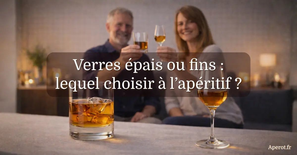 Comparaison entre un verre épais et un verre fin à l’apéritif, présentés sur une table avec un couple en arrière-plan dans une ambiance conviviale