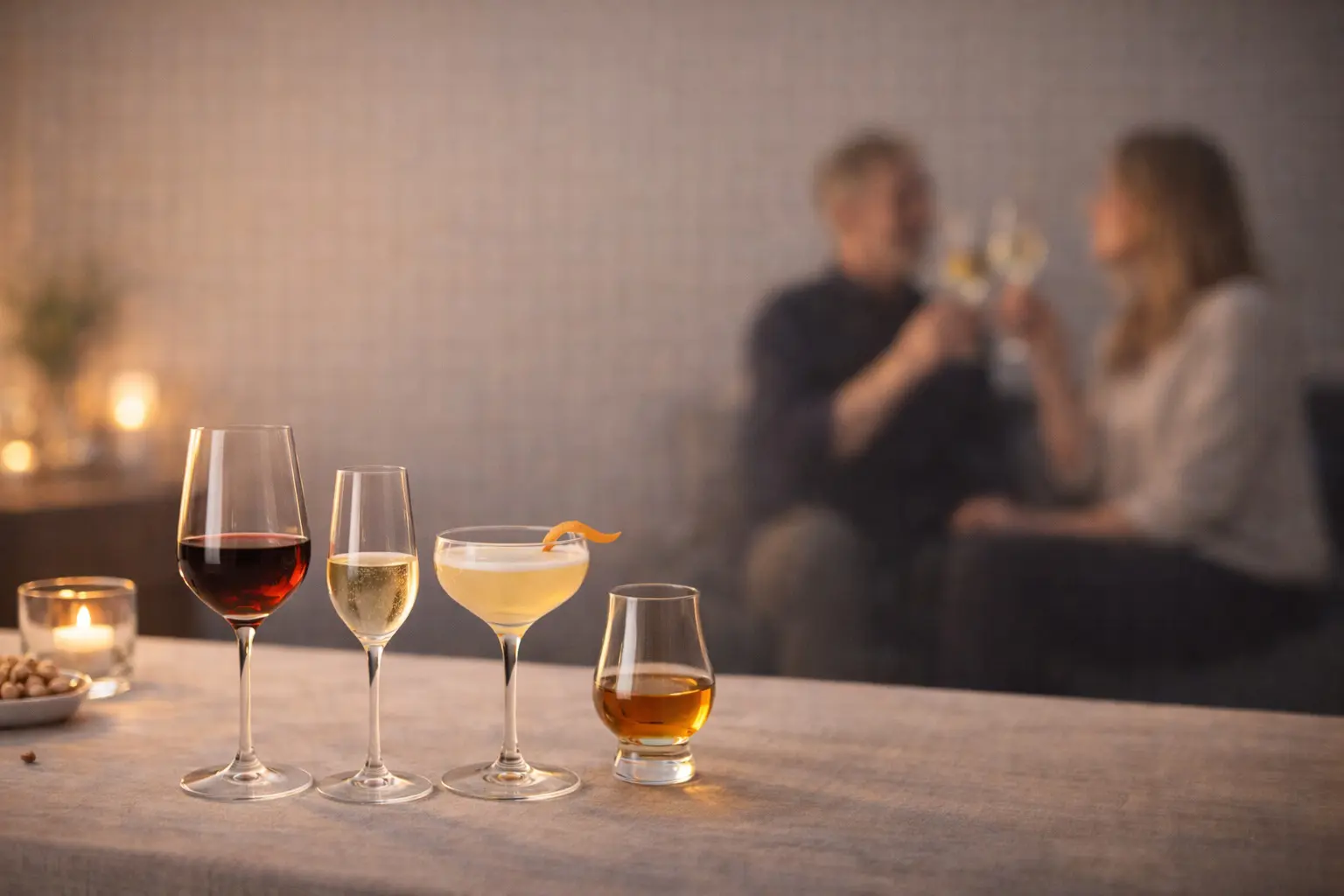 Verres fins pour vin, effervescent, cocktail et spiritueux disposés sur une table d’apéritif chic, illustrant le choix du verre pour une dégustation optimale