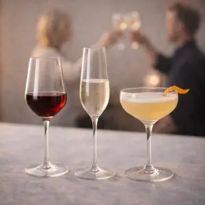 Trois verres fins à pied contenant du vin rouge, un vin effervescent et un cocktail léger posés sur une table élégante