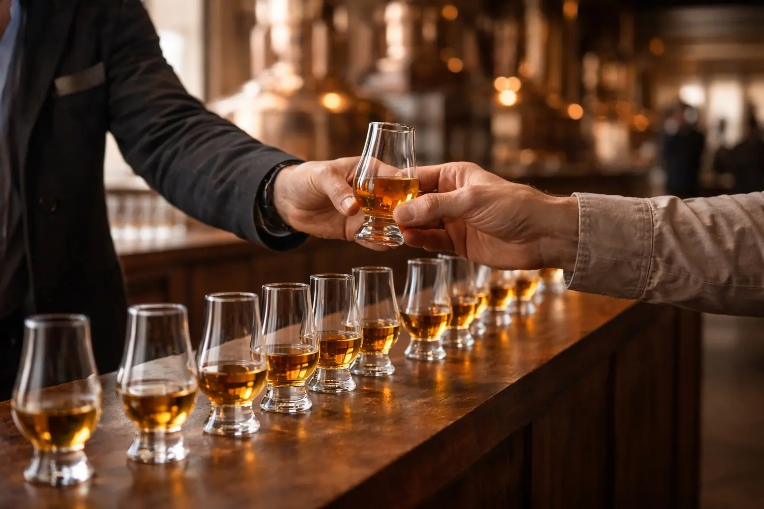 Alignement de verres Glencairn remplis de whisky lors d’une dégustation en distillerie, symbole d’un standard international.