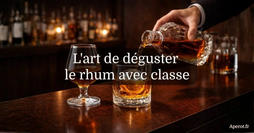 Verre tulipe et verre old fashioned avec rhum ambré servis élégamment sur un comptoir de bar pendant une dégustation de rhum