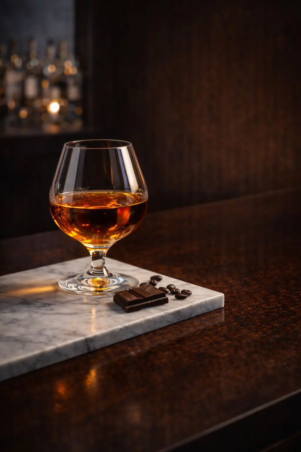 Un verre snifter rempli de rhum vieux ambré posé sur un plateau en marbre blanc veiné sur un comptoir de bar en bois sombre, à côté de deux carrés de chocolat noir et de grains de café éparpillés.