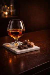verre de rhum vieux avec carré de chocolat noir et figues séchées sur marbre