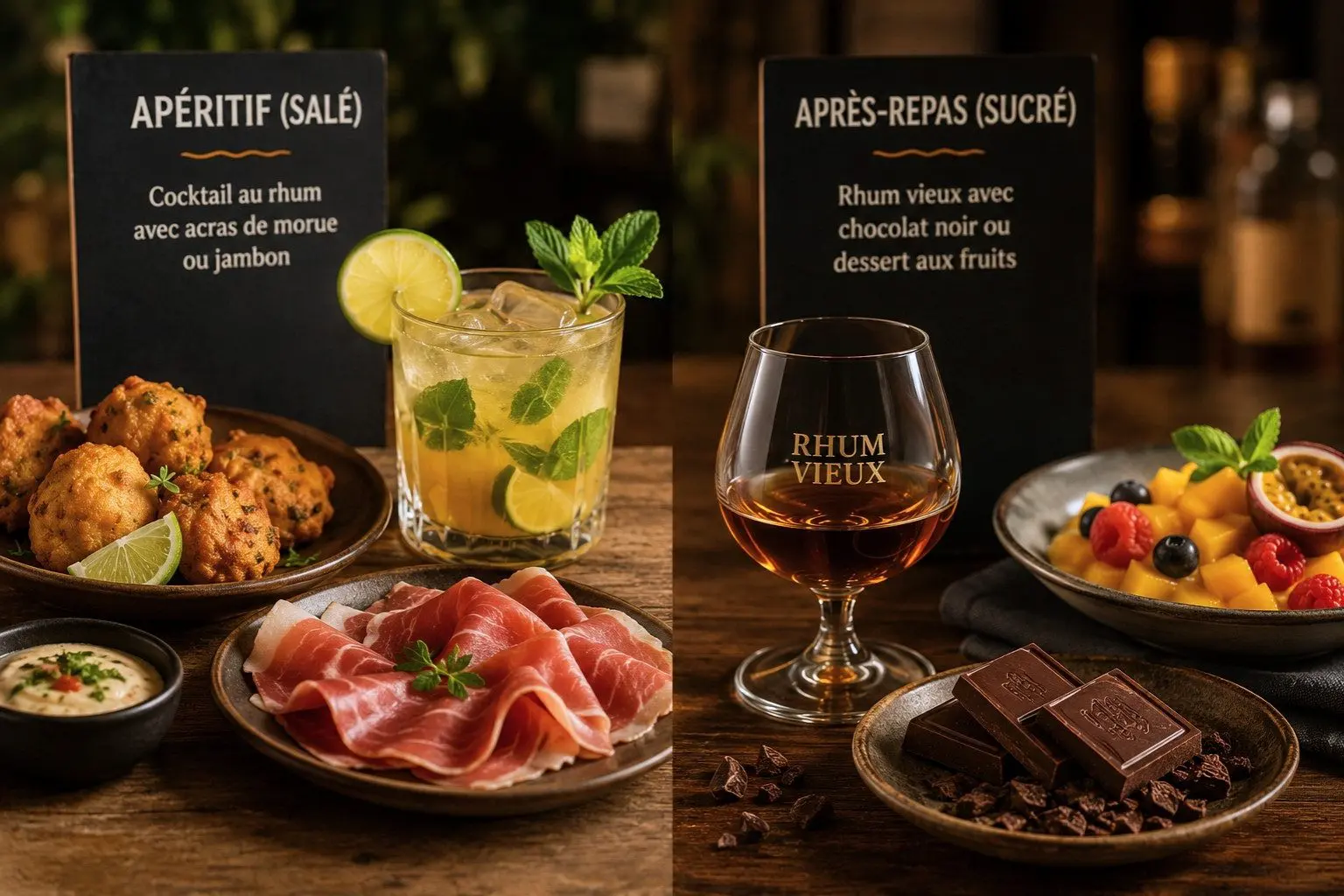 Accords rhum avec apéritif salé et dessert sucré pour une dégustation élégante