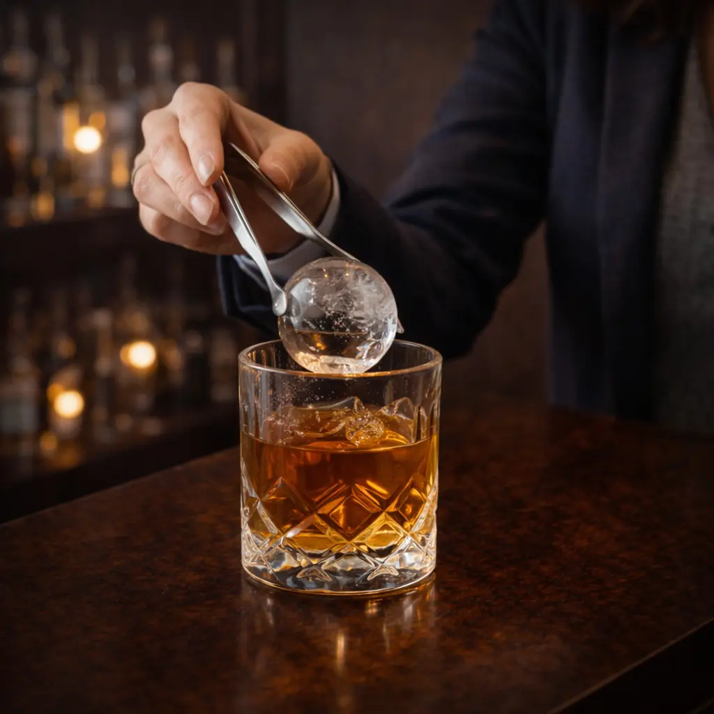 main ajoutant une grosse boule de glace dans un verre de rhum ambré avec une pince