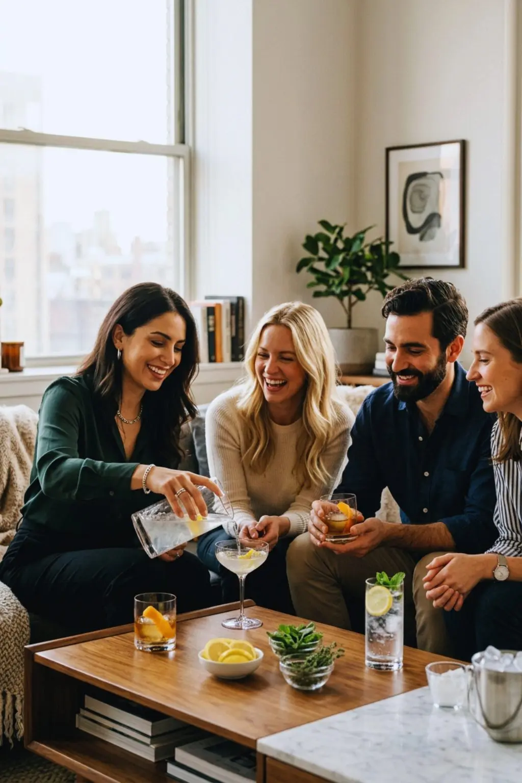 Photographie éditoriale d'un groupe d'amis élégants partageant des cocktails et spiritueux dans un salon moderne lumineux avec un espace vide en partie supérieure pour du texte.