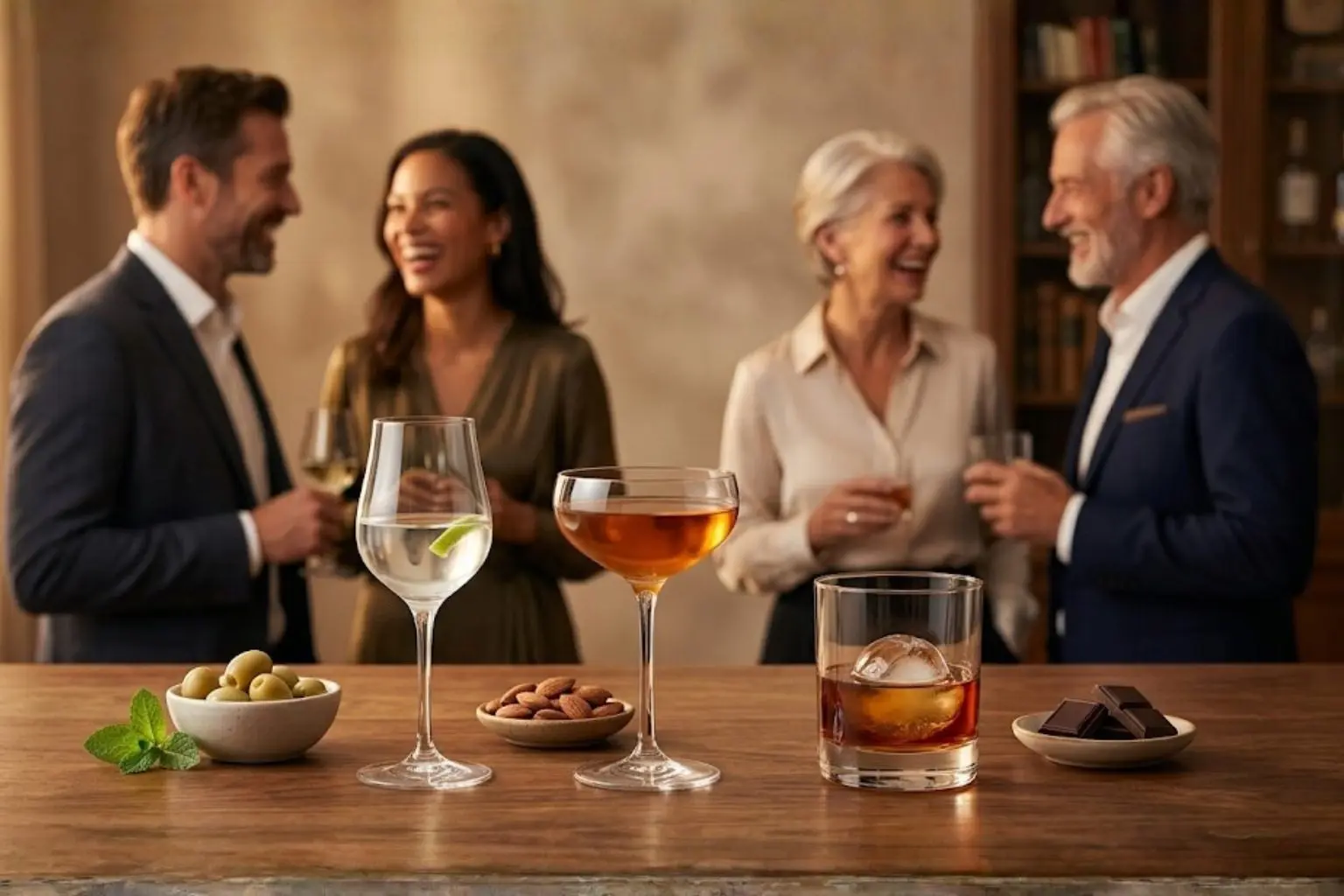 Trois verres de rhum différents disposés sur un comptoir avec des amuse-bouches devant un groupe d'amis flous qui discutent dans un salon chaleureux.