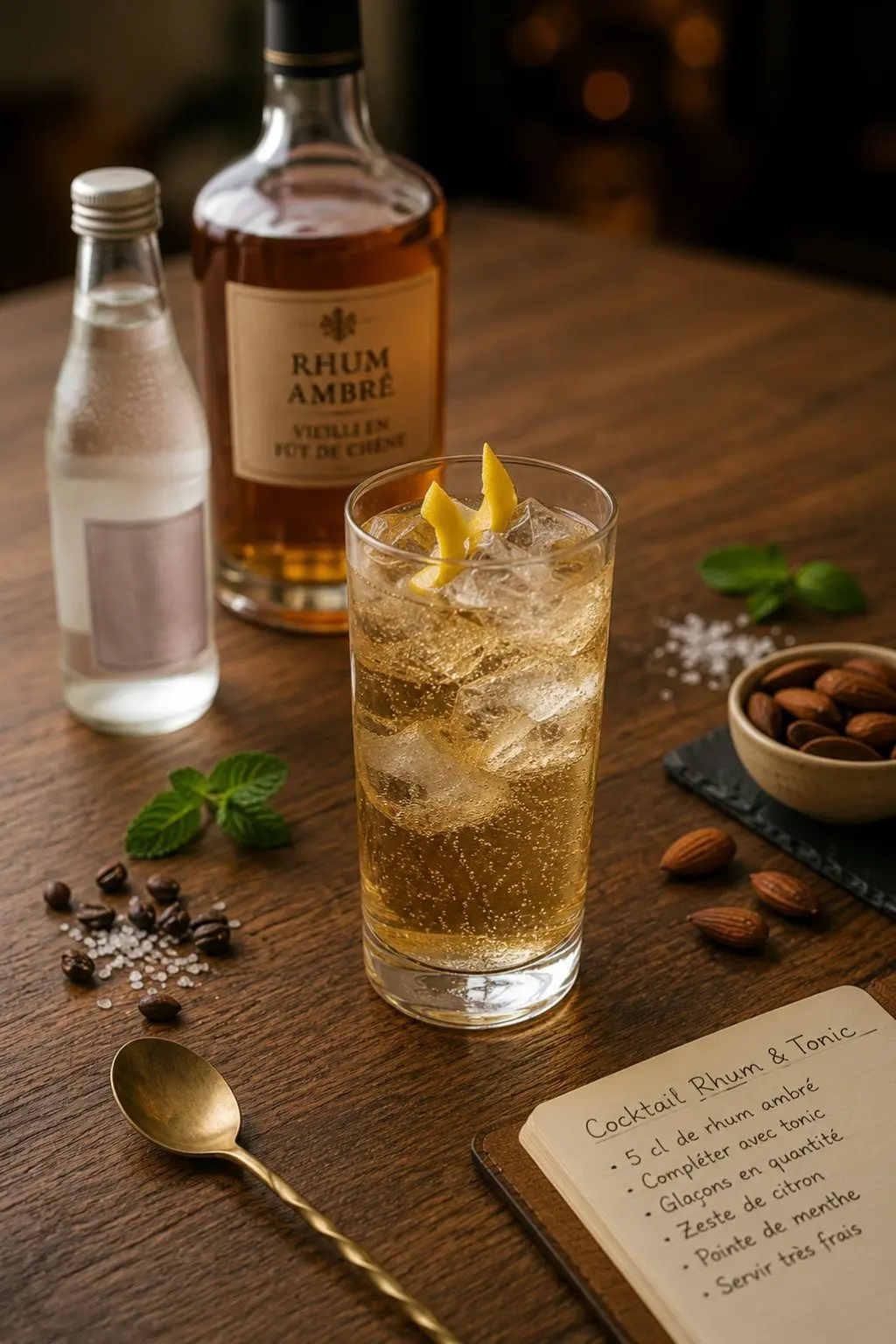 Cocktail au rhum servi dans un verre highball sur une table de dégustation élégante