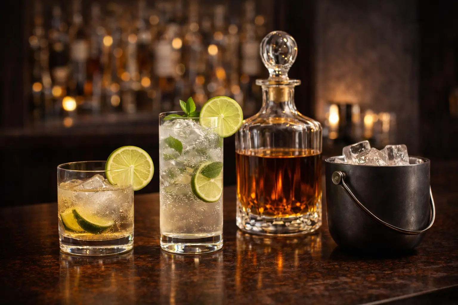 Deux cocktails rafraîchissants au rhum avec citron vert et menthe à côté d'une carafe de rhum vieux et d'un seau à glace sur un bar.