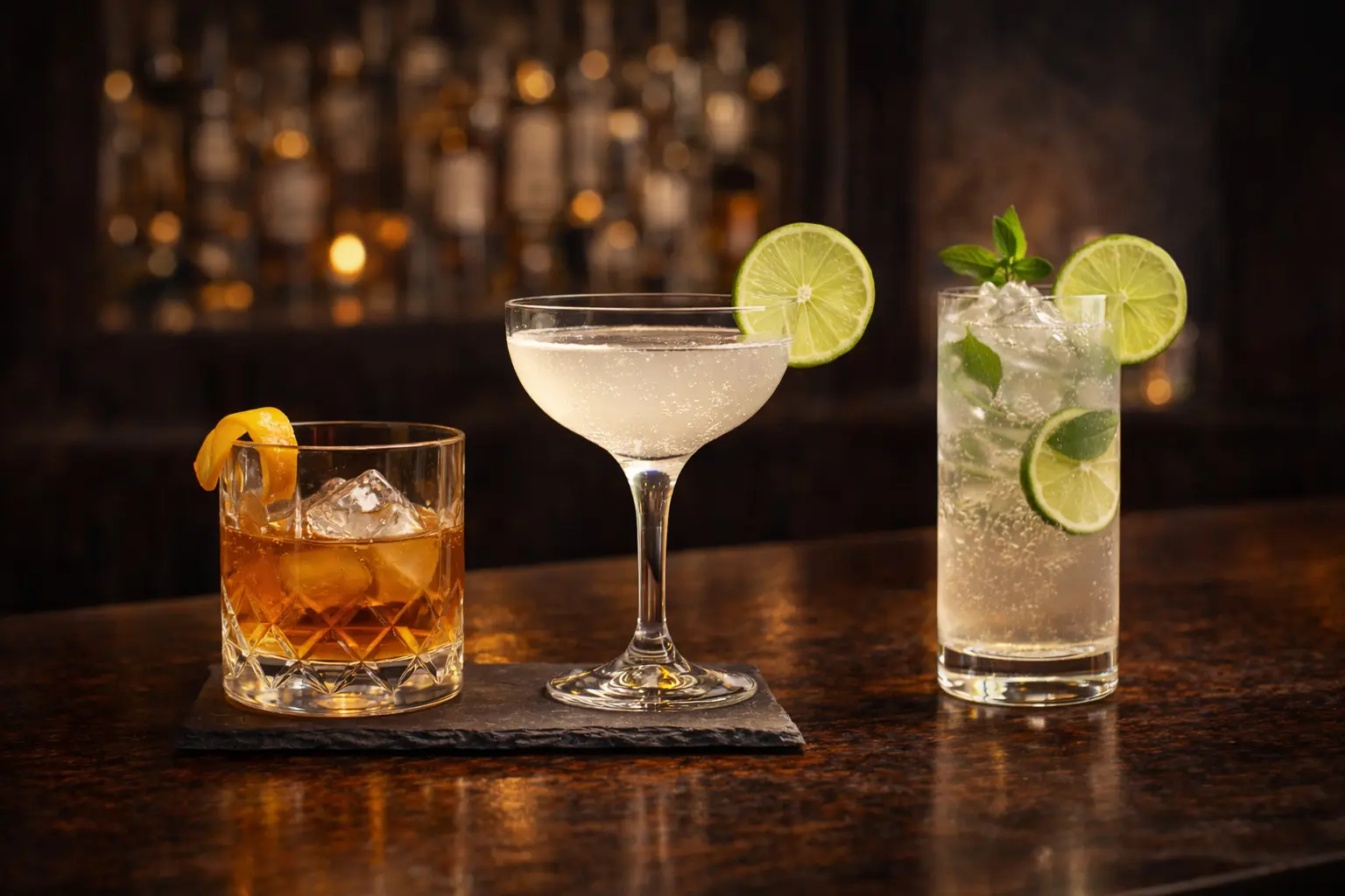 Trois cocktails au rhum différents disposés sur un bar : un verre old fashioned avec zeste, une coupe de daiquiri et un grand verre pétillant à la menthe et citron vert.