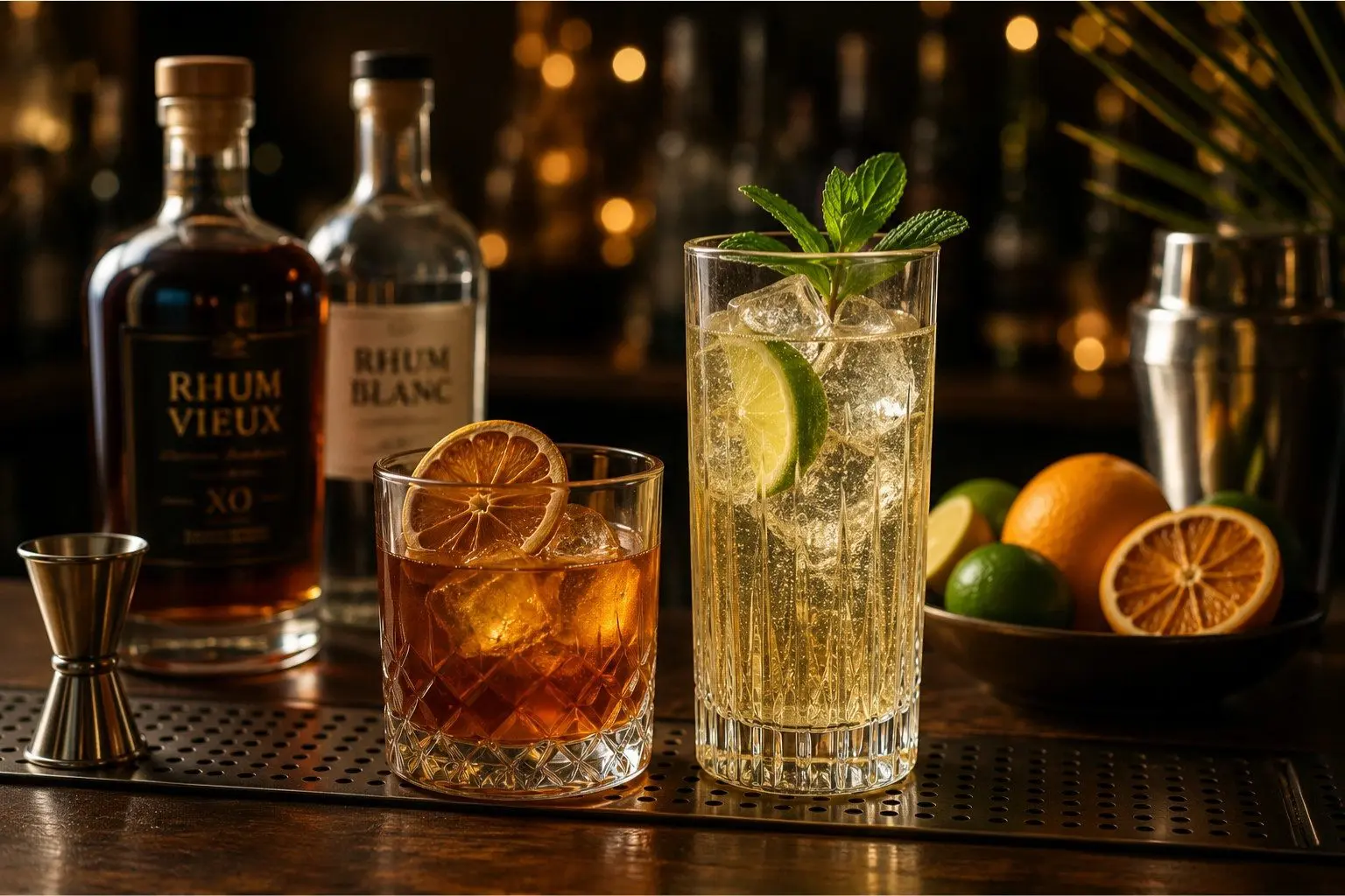 Cocktails au rhum servis dans un verre tumbler et un verre highball sur un bar élégant