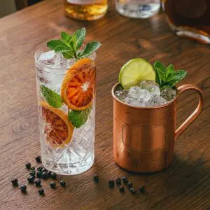 Deux boissons sans alcool sur une table en bois : un mocktail au tonic et agrumes dans un verre ciselé et un virgin mule dans un mug en cuivre.