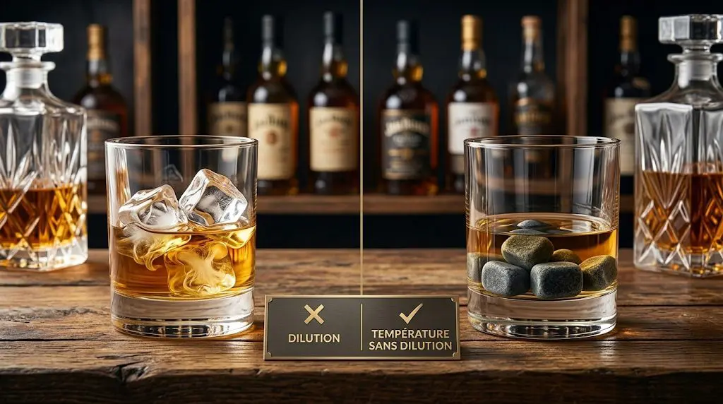 Comparaison de deux verres de whisky : un avec des glaçons melting causing dilution, l'autre avec des pierres à whisky gardant le liquide pur.