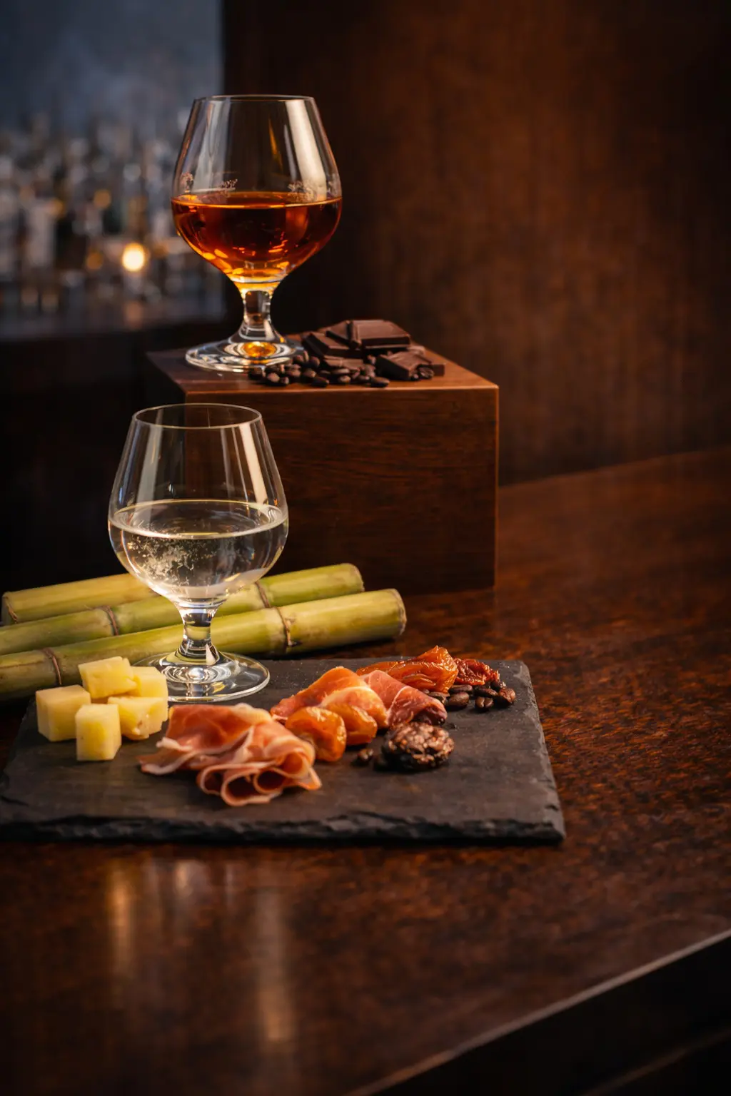 Deux verres de rhum de dégustation posés sur un bar en bois sombre, l'un contenant un rhum blanc et reposant sur des cannes à sucre avec une ardoise de charcuterie et fromage, l'autre contenant un rhum vieux et posé sur une boîte en bois avec du chocolat et du café.