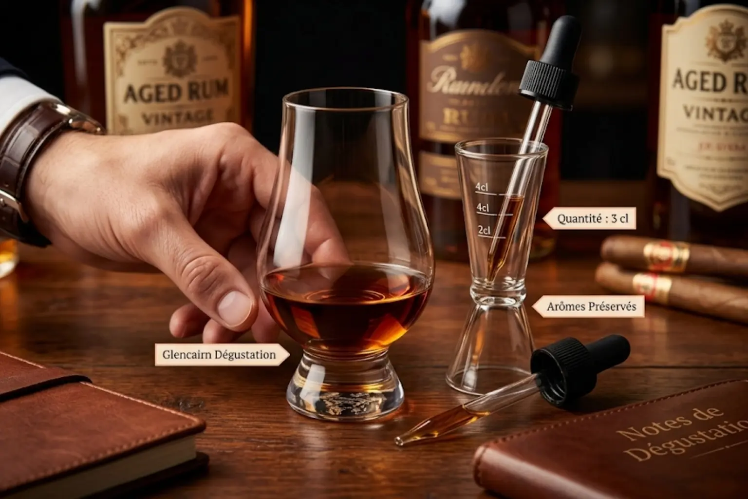 Un homme en costume tient un verre de dégustation Glencairn rempli de rhum ambré sur un bureau en bois, avec une bouteille, une mesure et un carnet de notes.