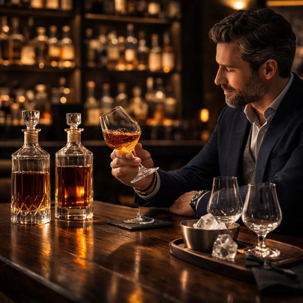 Un homme assis à un bar élégant examine son verre de rhum ambré à côté de carafes en cristal et d'un seau à glace dans une ambiance feutrée.