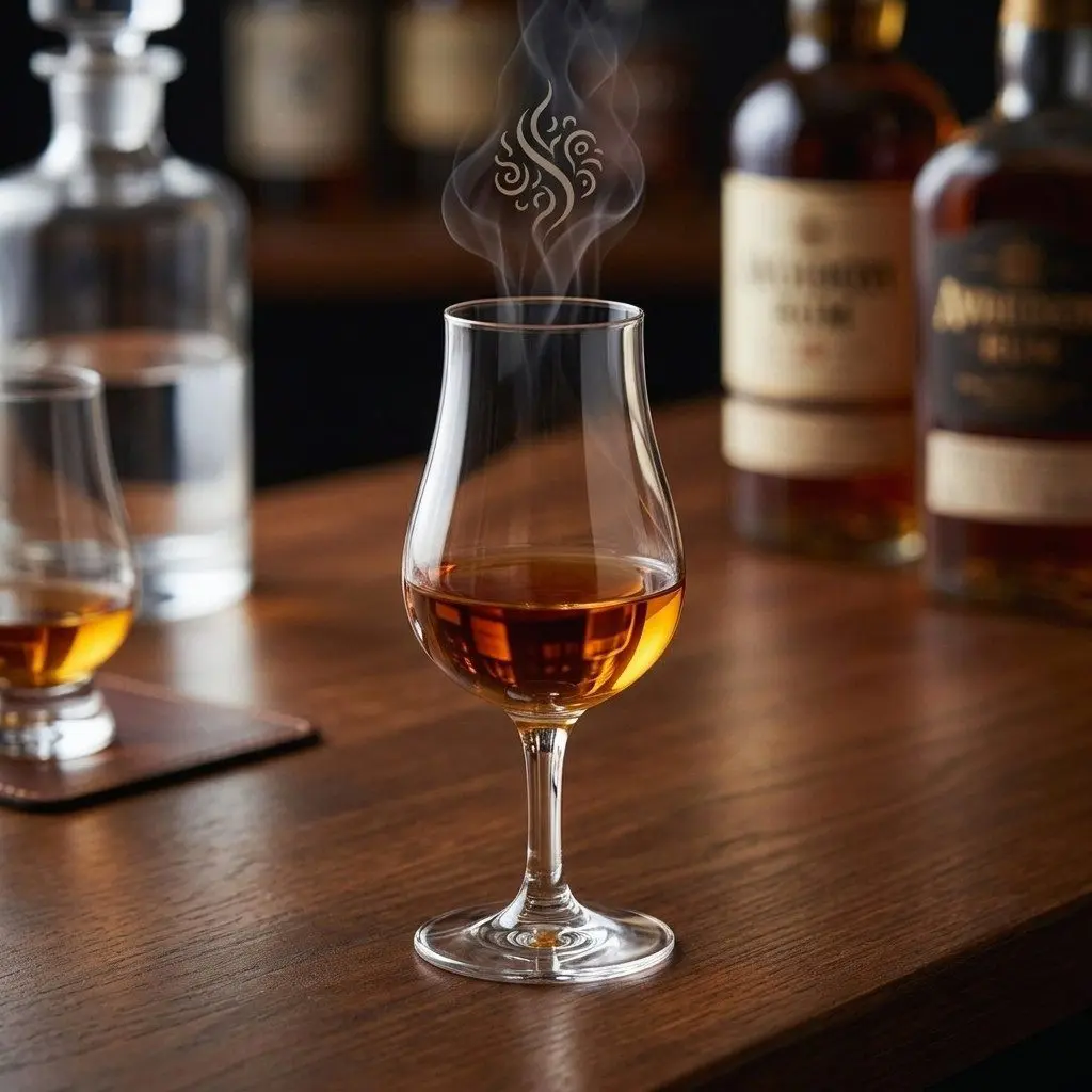Verre tulipe avec rhum ambré servi à température ambiante pour une dégustation élégante