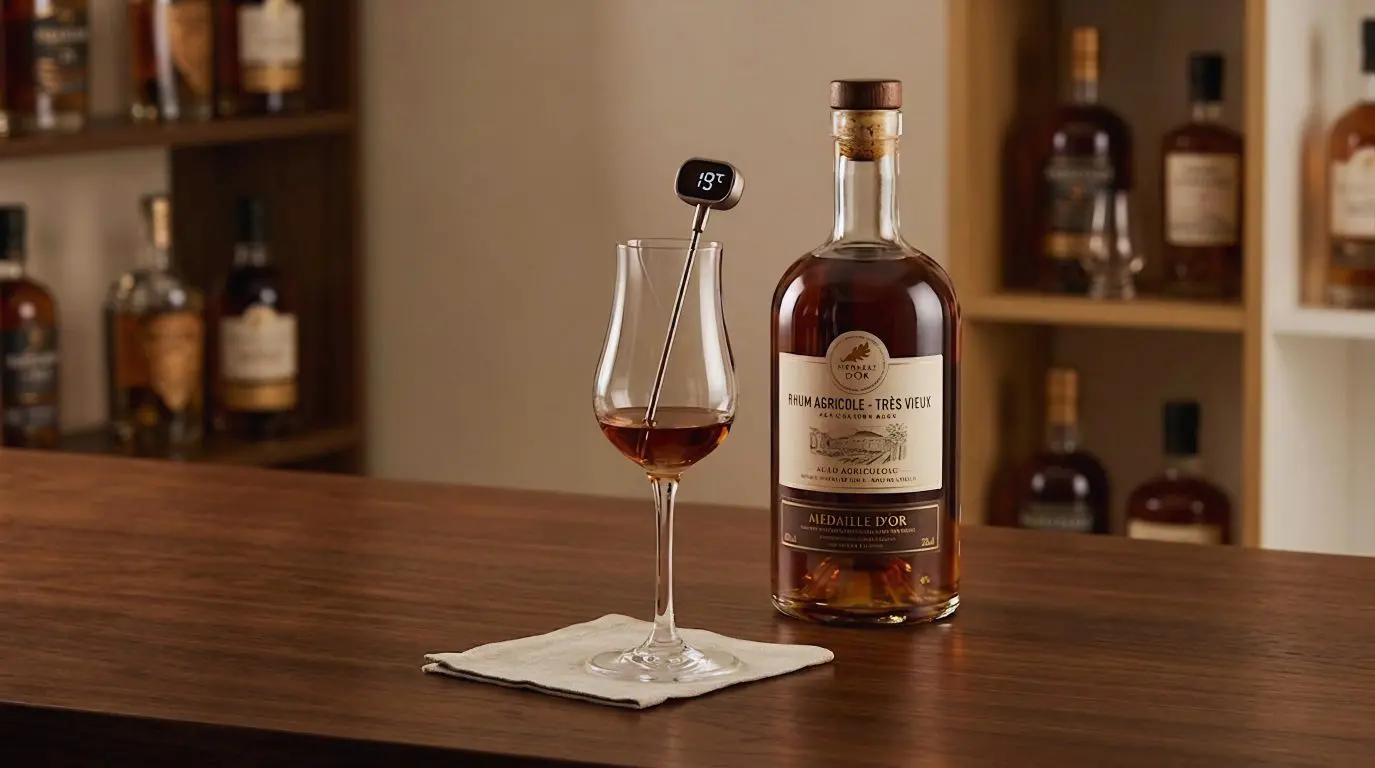 Verre tulipe contenant une petite dose de rhum ambré avec un thermomètre affichant 19 degrés posé à côté d'une bouteille de rhum vieux sur un comptoir en bois.