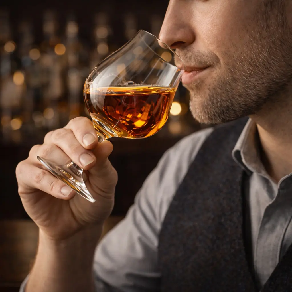 Un homme barbu prenant une petite gorgée de rhum ambré dans un verre tulipe, les lèvres effleurant le bord du verre dans un bar.