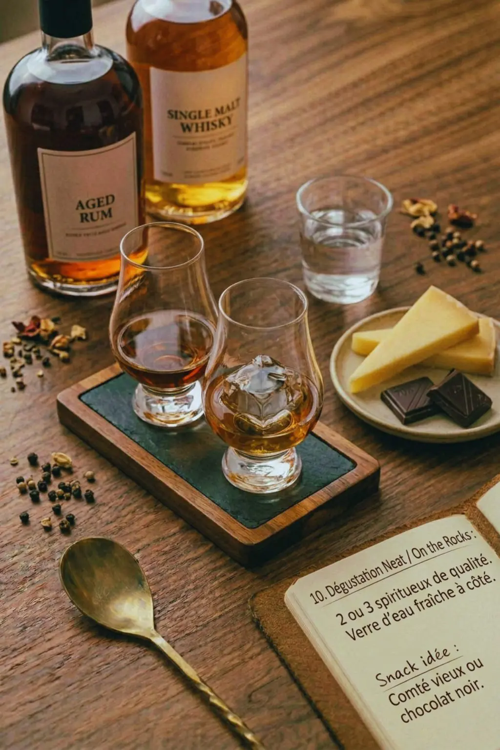 Photographie en vue de dessus d'un plateau de dégustation avec deux verres Glencairn de spiritueux ambrés, un pur et un avec un gros glaçon, accompagnés d'un bol de fromage Comté, de chocolat noir, de bouteilles de rhum et de whisky, et d'un carnet de notes sur une table en bois.
