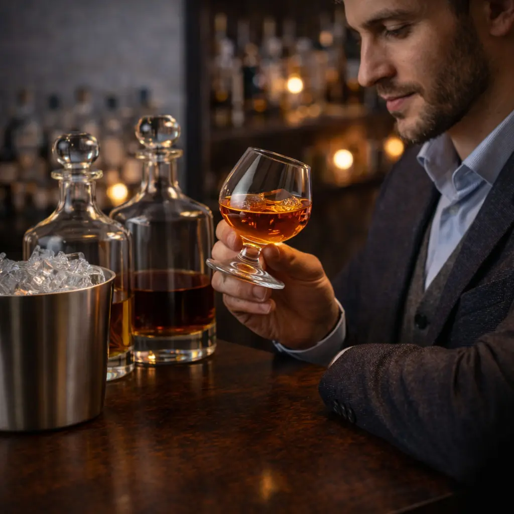 Un homme en veste grise examine avec un sourire léger un verre de rhum ambré contenant des glaçons, dans un bar élégant avec des carafes et un seau à glace.