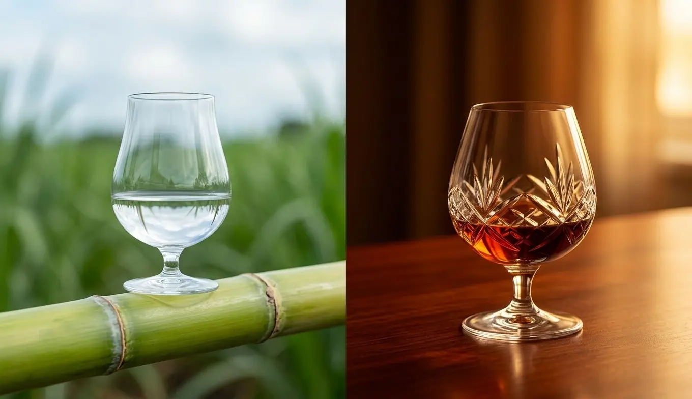 Comparaison visuelle entre un verre de rhum blanc agricole posé sur une canne à sucre et un verre ciselé de rhum traditionnel ambré sur du bois sombre.