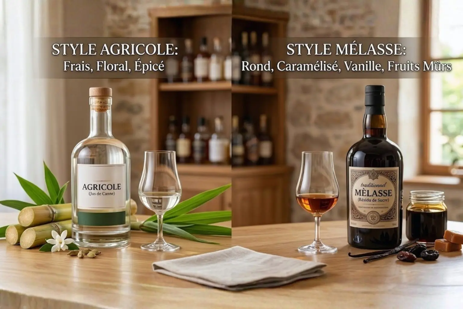 Comparaison visuelle entre un rhum agricole blanc avec canne à sucre et un rhum de mélasse ambré avec vanille et caramel sur une table en bois.