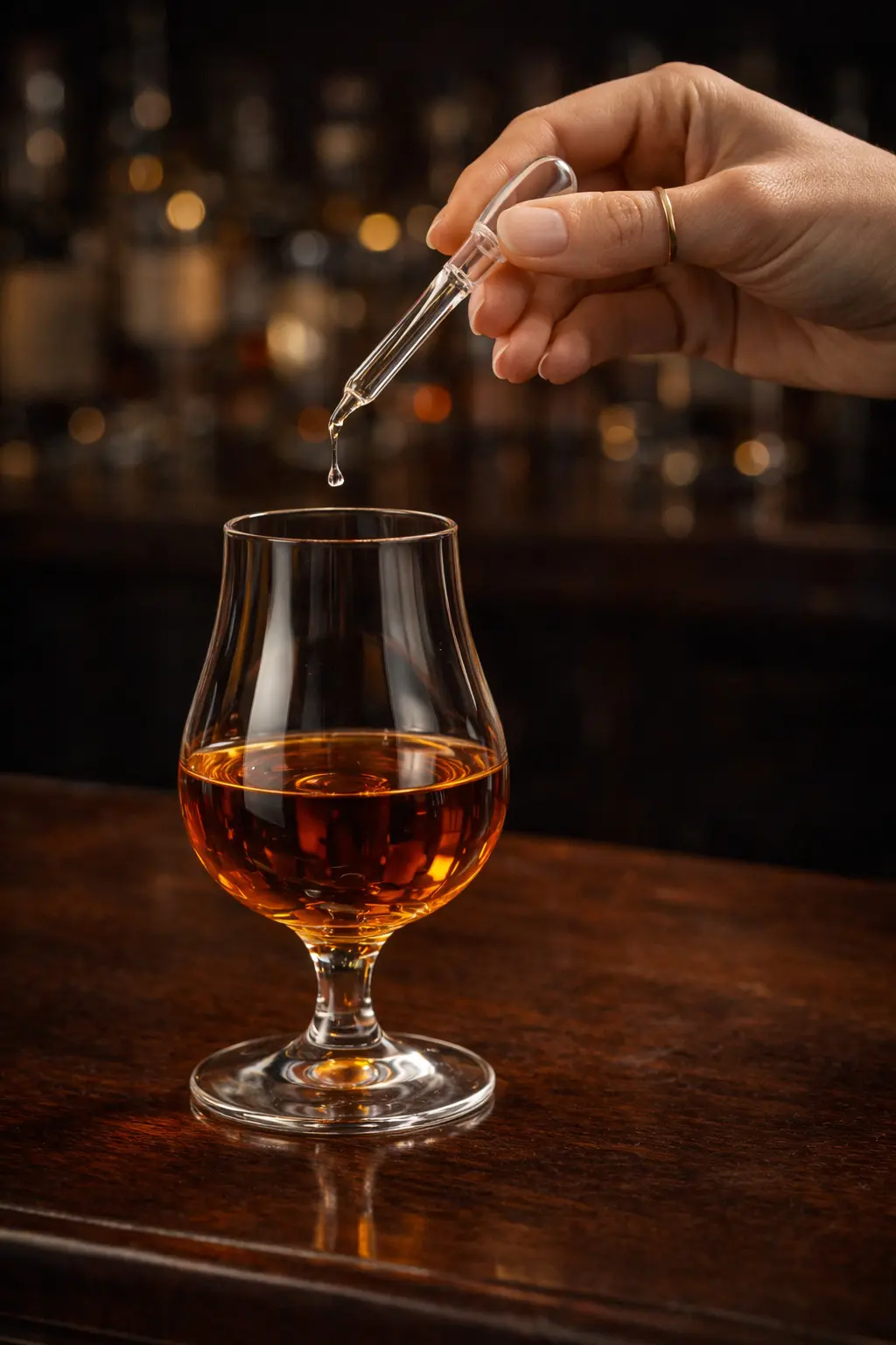 Une main féminine utilisant une pipette en verre pour verser une goutte d'eau dans un verre de rhum ambré sur un comptoir en bois.