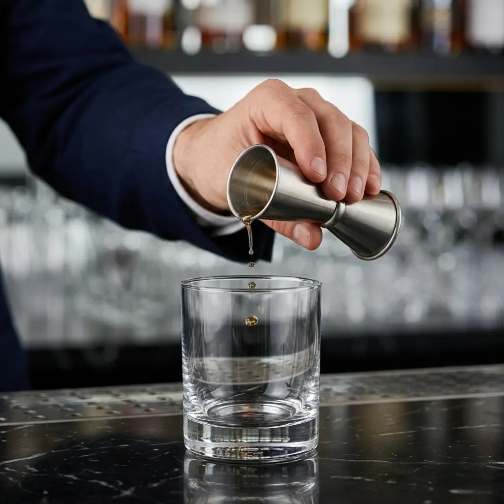 Une main en costume versant du rhum avec un doseur jigger en inox dans un verre de dégustation sur un bar en marbre noir.