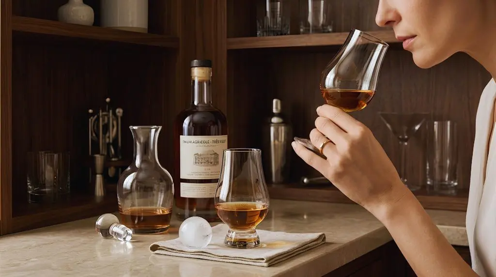 Gros plan sur une femme dégustant du rhum avec élégance dans un verre tulipe sur un comptoir de bar raffiné avec une bouteille de rhum agricole très vieux en arrière-plan.