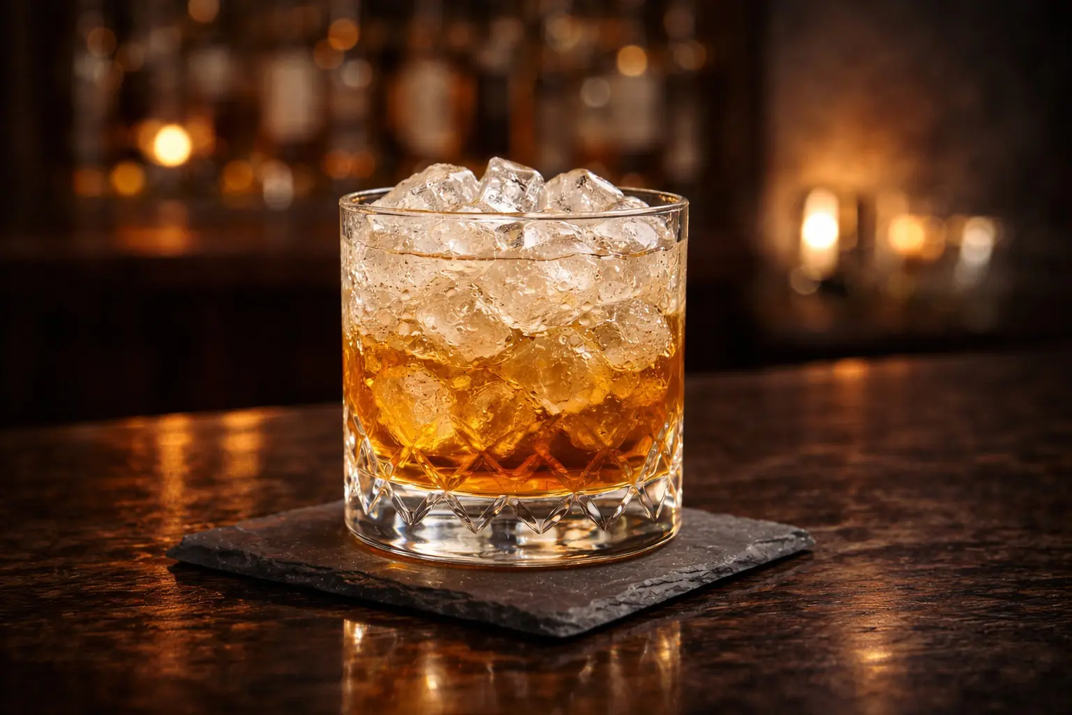 Un verre rempli de glace pilée et de glaçons submergeant un rhum ambré sur un bar, illustrant une dilution excessive des arômes.