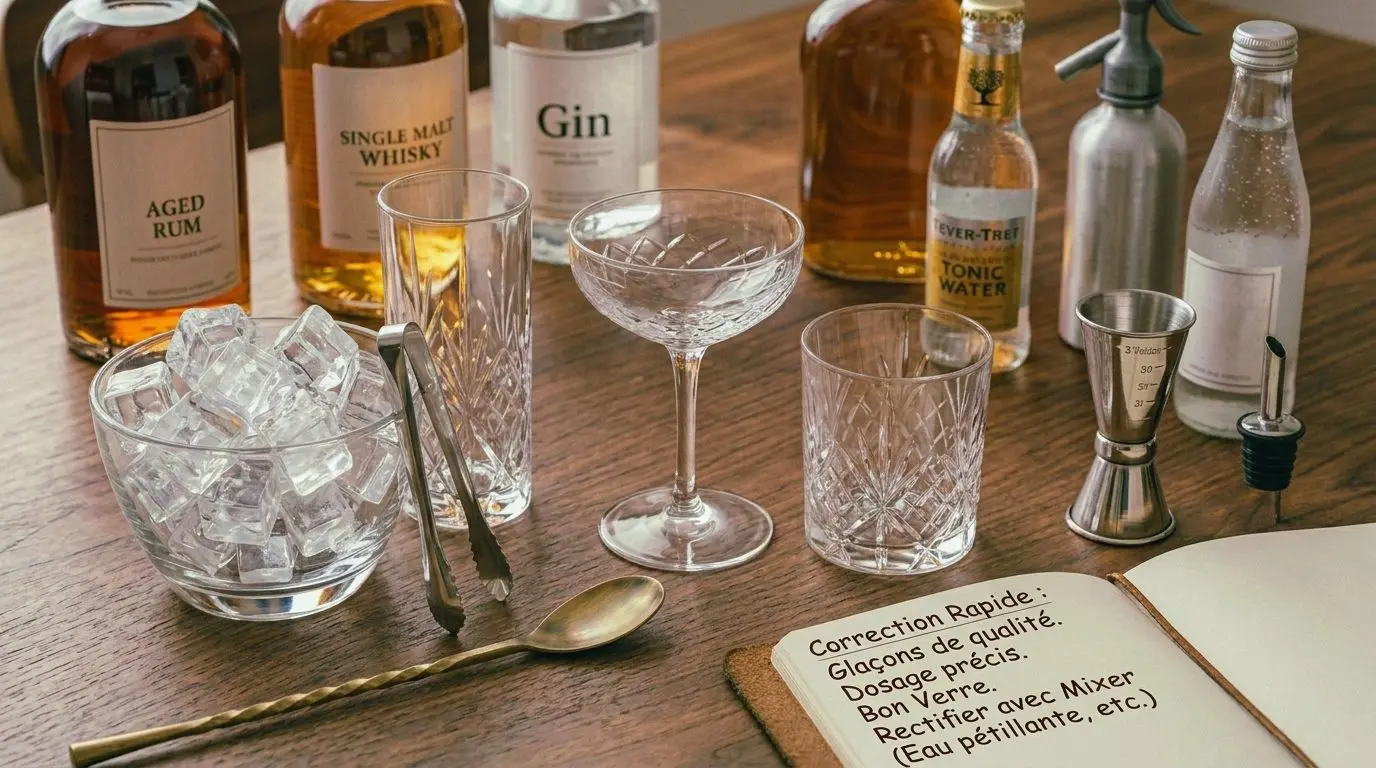 Photographie de bar à domicile avec des gros glaçons, trois types de verres en cristal, un jigger de mesure, des bouteilles de spiritueux dont du rhum vieux, du whisky, du gin et du tonic, ainsi qu'un carnet de notes ouvert sur une table en bois.