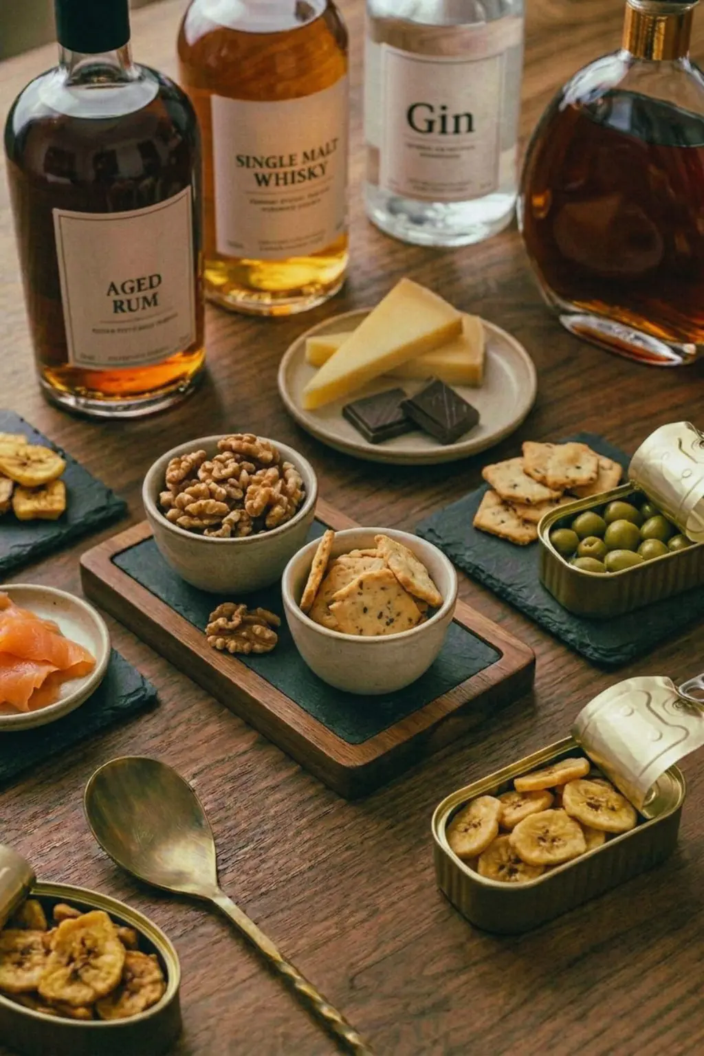 Photographie en vue de dessus d'une table en bois avec plusieurs bouteilles de spiritueux, dont du rhum, du whisky et du gin, entourées de différents bols de grignotages apéritifs : Comté, chocolat, noix, crackers, saumon fumé, olives et chips de banane plantain.