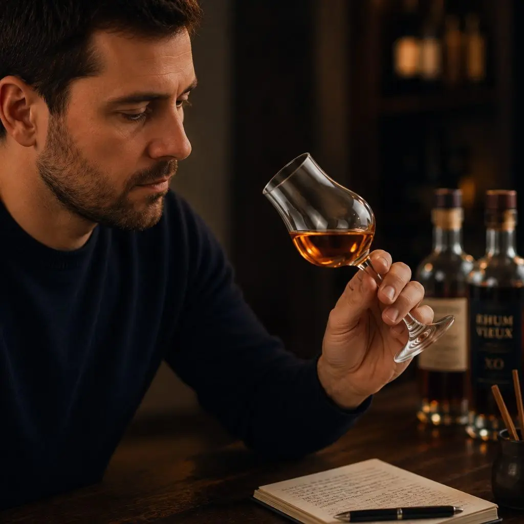 Dégustateur inclinant un verre tulipe de rhum pour observer les arômes et la robe du spiritueux