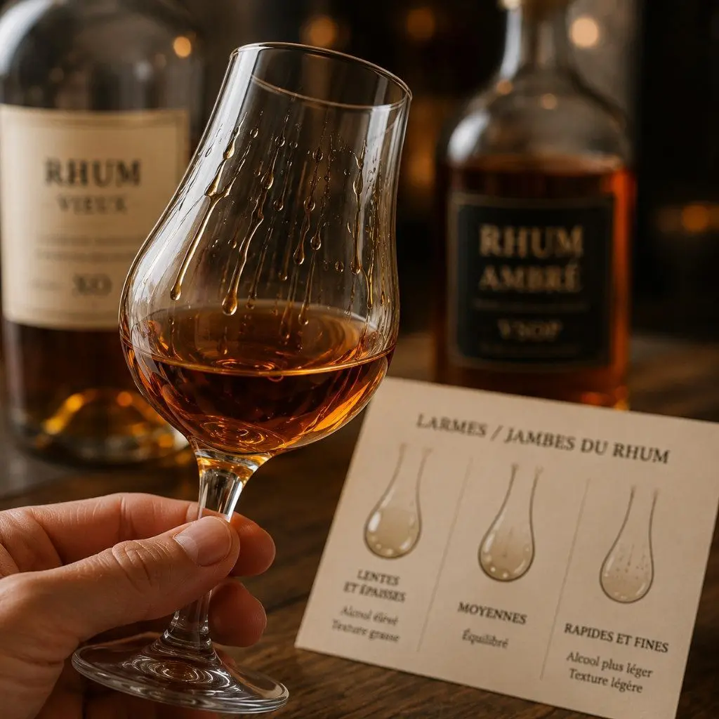 Observation des larmes du rhum dans un verre tulipe pendant une dégustation