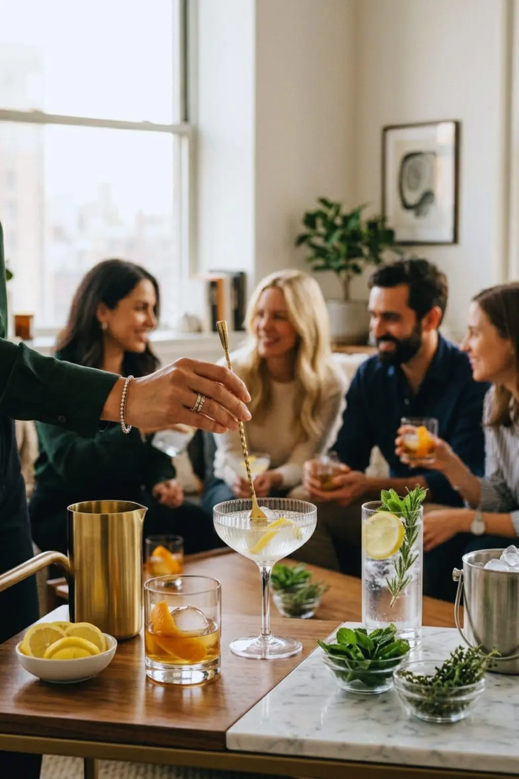 Gros plan sur une table basse élégante avec différents verres de spiritueux, une main utilisant une cuillère à mélange dorée et des garnitures fraîches pour un apéritif premium.