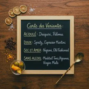 Ardoise centrale avec un cadre en bois affichant la carte des variantes de cocktails classées par goûts : acidulé, doux, sec et amer, et sans alcool.
