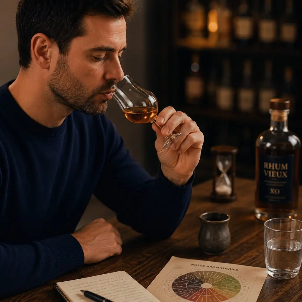 Dégustateur prenant une micro-gorgée de rhum dans un verre tulipe lors d’une dégustation élégante