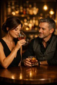 Un couple élégant savourant du rhum dans un salon lounge chaleureux avec des lumières tamisées.